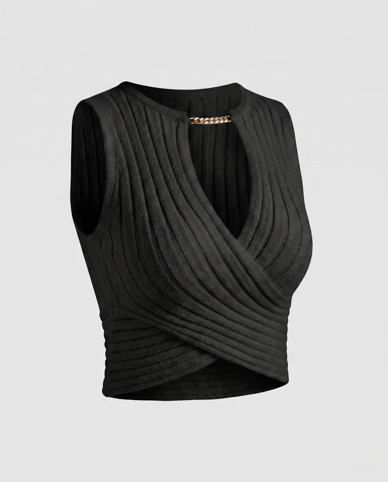 Damen Cropped Oberteil mit dekorativem Wickel-Design und trendigem Kettenausschnitt