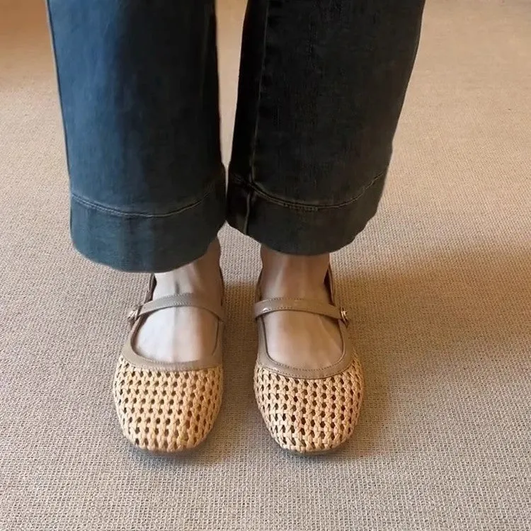 Damen atmungsaktive Kunstleder-Ballerinas mit geflochtenem Design