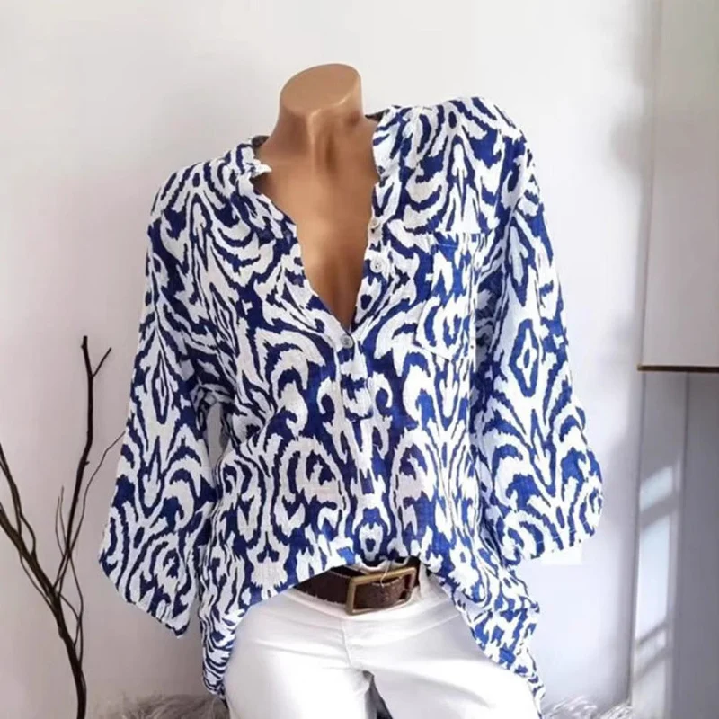 Damen nan locker geschnittene Tunika-Bluse mit Ikat‑Muster, V‑Ausschnitt und Dreiviertelärmeln Nord Taschen