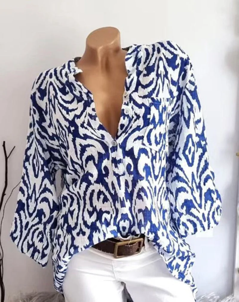 Damen nan locker geschnittene Tunika-Bluse mit Ikat‑Muster, V‑Ausschnitt und Dreiviertelärmeln Nord Taschen