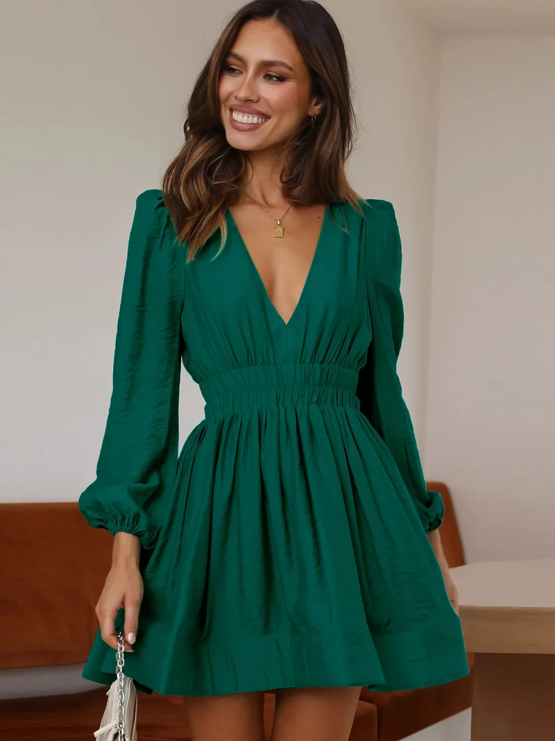 Damen Elegantes Minikleid mit V-Ausschnitt und Puffärmel