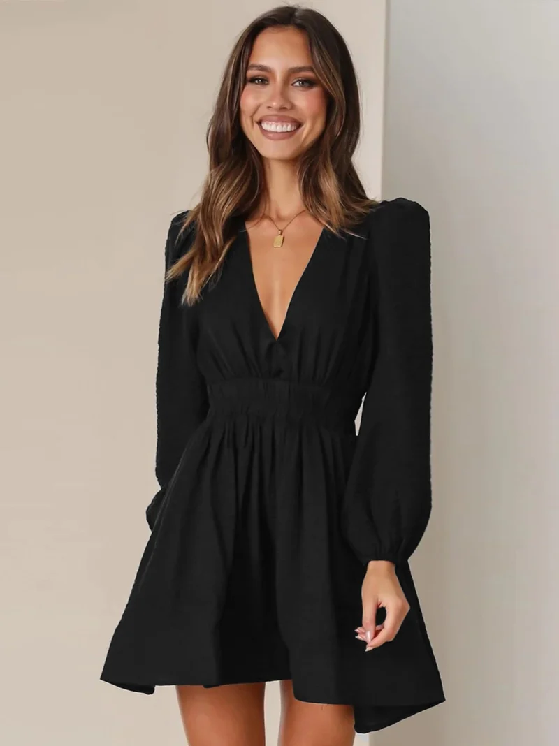 Damen Elegantes Minikleid mit V-Ausschnitt und Puffärmel