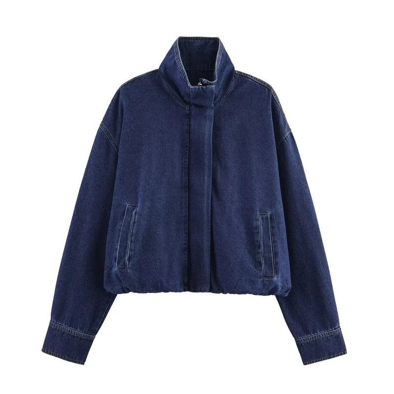 Damen cropped Denimjacke mit hochgeschlossenem Kragen und praktischen Taschen