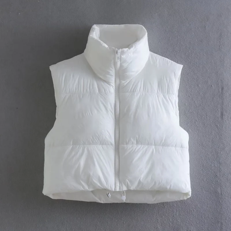 Damen cropped Daunenweste mit hohem Kragen und praktischen Taschen