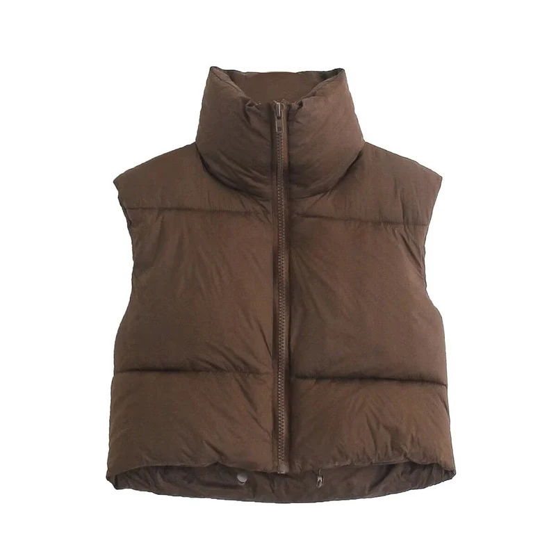 Damen cropped Daunenweste mit hohem Kragen und praktischen Taschen