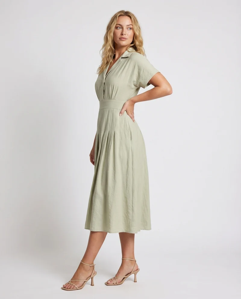 Damen Midikleid Reverskragen Kellerfalten Eingrifftaschen Leinenoptik