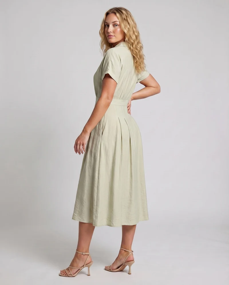 Damen Midikleid Reverskragen Kellerfalten Eingrifftaschen Leinenoptik
