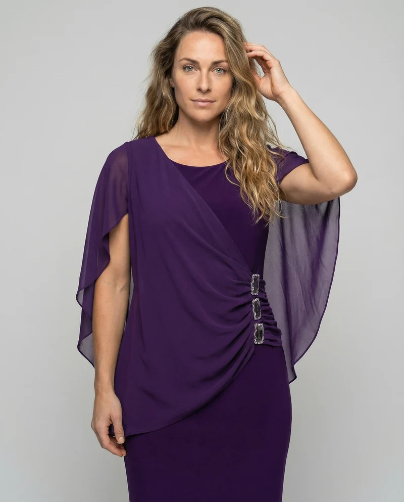 Damen Etuikleid in Wickeloptik mit Chiffon-Überwurf
