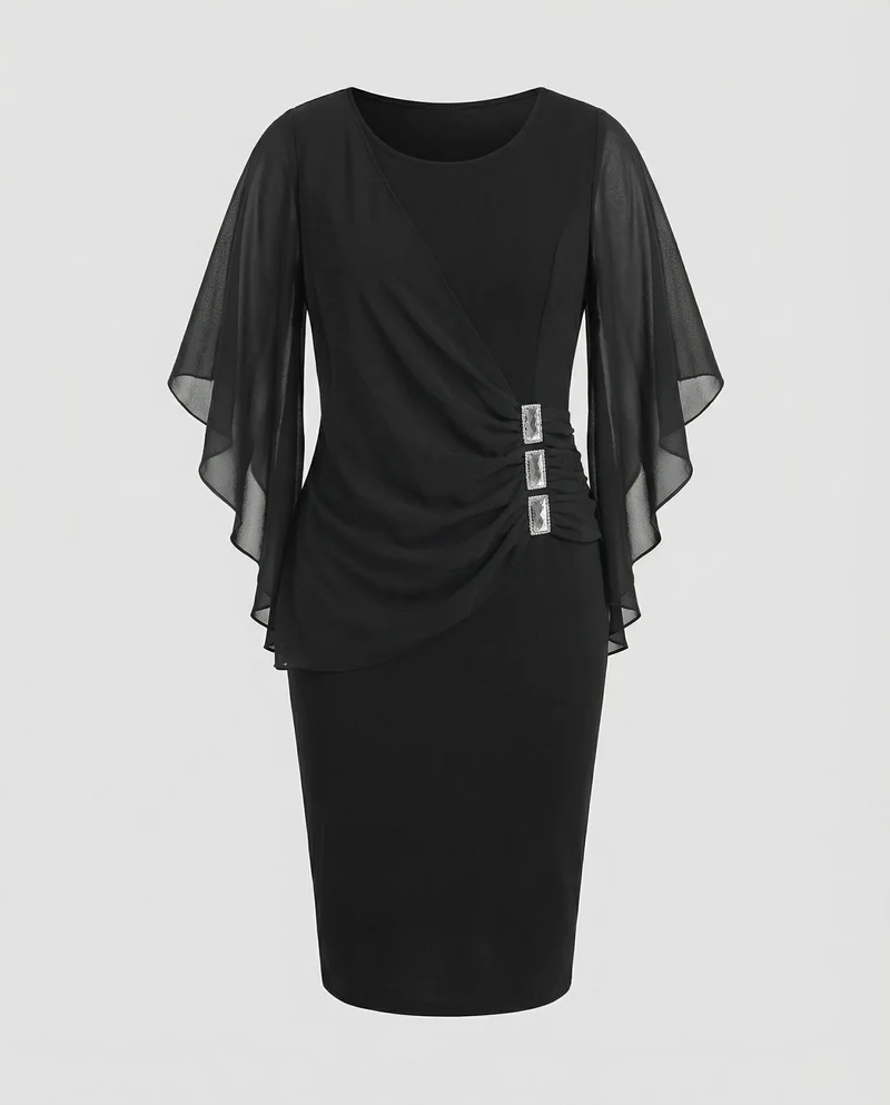 Damen Etuikleid in Wickeloptik mit Chiffon-Überwurf