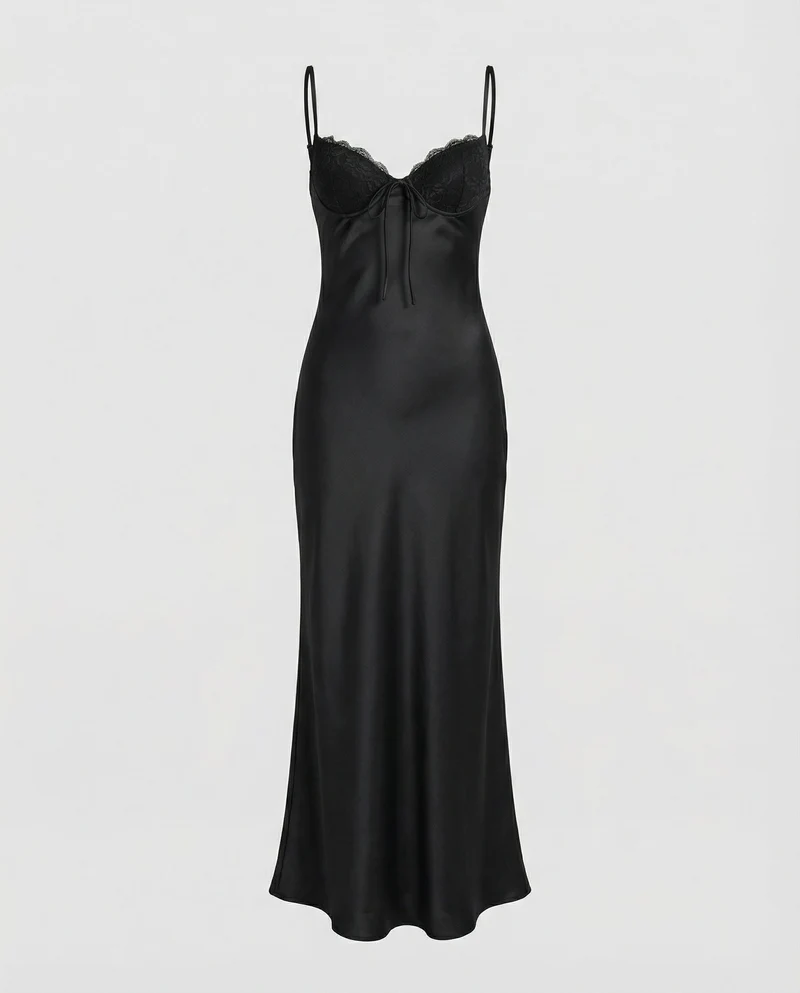Damen Satin Maxikleid mit Spitzenoberteil
