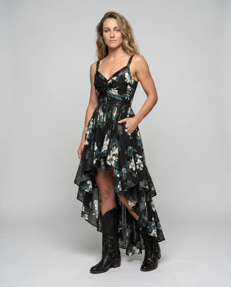 Damen Elegantes und verspieltes asymmetrisches Kleid mit floralem Design Nord Taschen