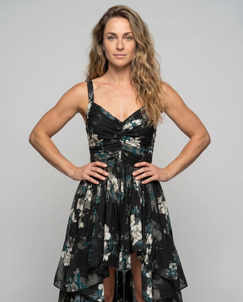 Damen Elegantes und verspieltes asymmetrisches Kleid mit floralem Design Nord Taschen