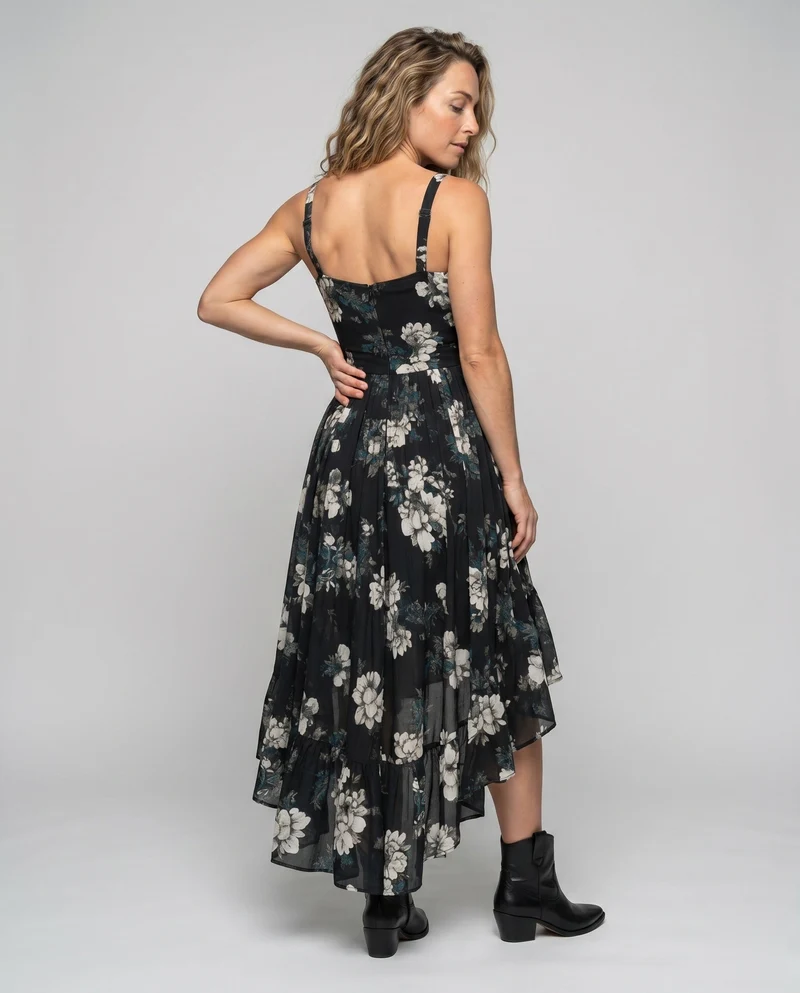 Damen Elegantes und verspieltes asymmetrisches Kleid mit floralem Design Nord Taschen