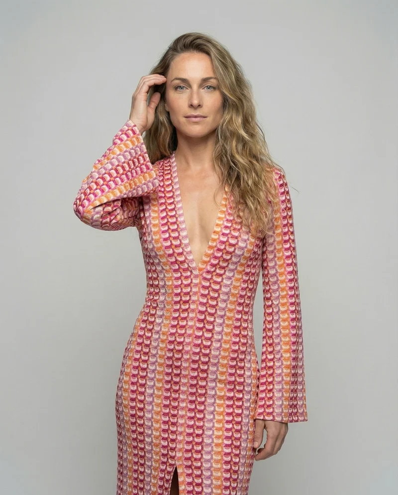 Damen nan luftiges Häkel-Strandkleid mit tiefem V-Ausschnitt, taillierter Silhouette und Glockenärmeln Nord Taschen
