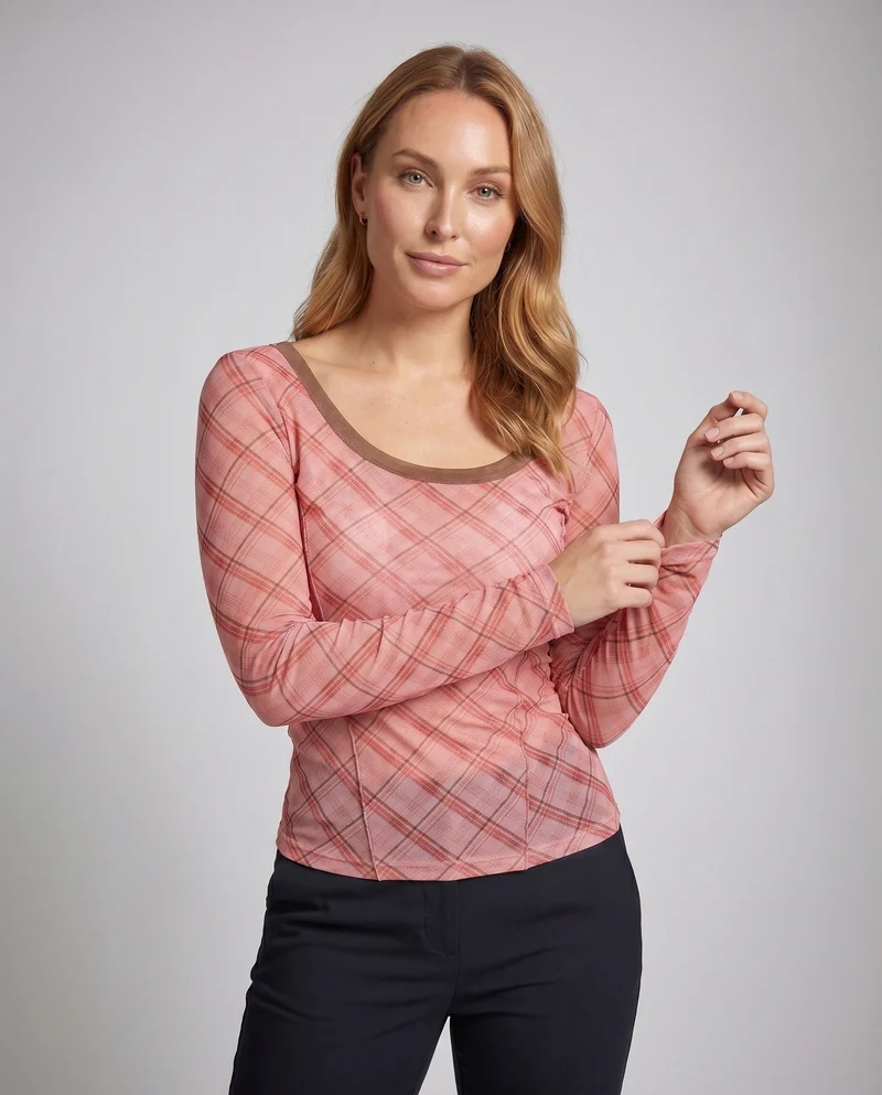 Damen nan tailliertes transparentes Langarmshirt mit Karomuster und U-Boot-Ausschnitt