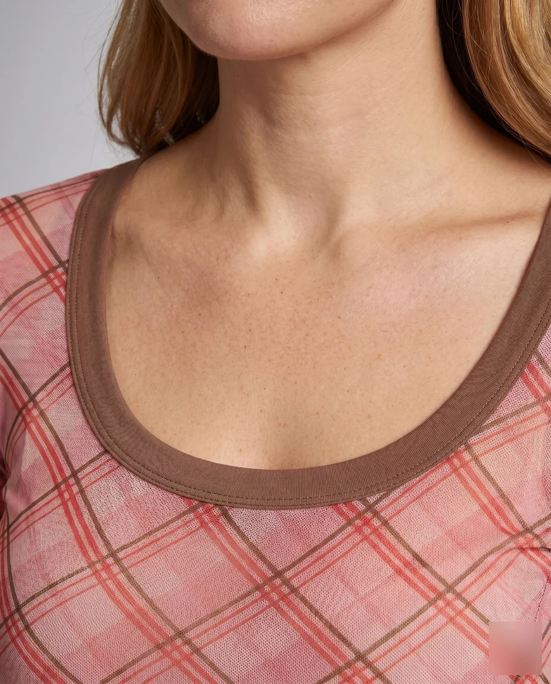 Damen nan tailliertes transparentes Langarmshirt mit Karomuster und U-Boot-Ausschnitt