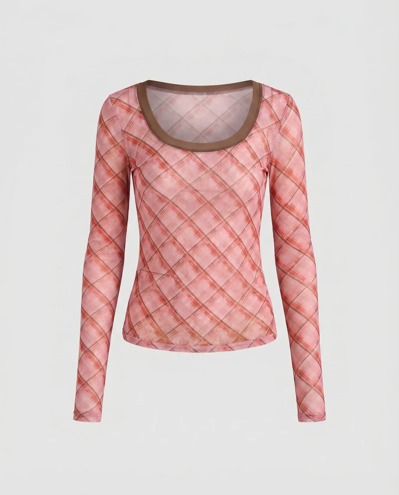 Damen nan tailliertes transparentes Langarmshirt mit Karomuster und U-Boot-Ausschnitt