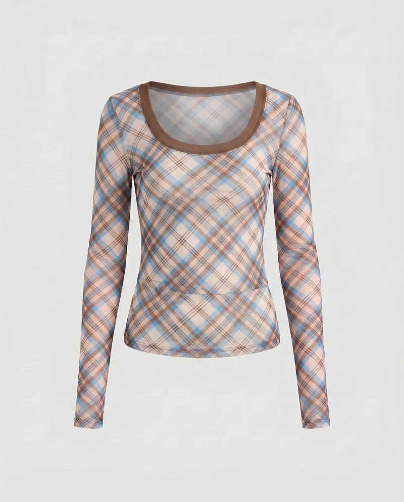 Damen nan tailliertes transparentes Langarmshirt mit Karomuster und U-Boot-Ausschnitt