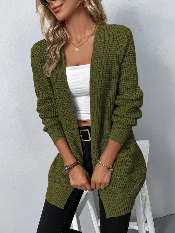 Nord Taschen | Strickjacke Lockerer Schnitt Grobstrick V-Ausschnitt Oberschenkellang mit Taschen