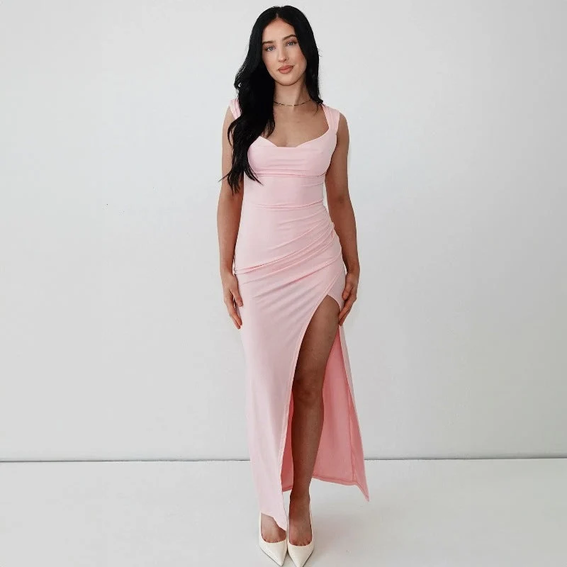 Damen Figurbetontes Maxi-Kleid mit elegantem Schlitz und Raffungen