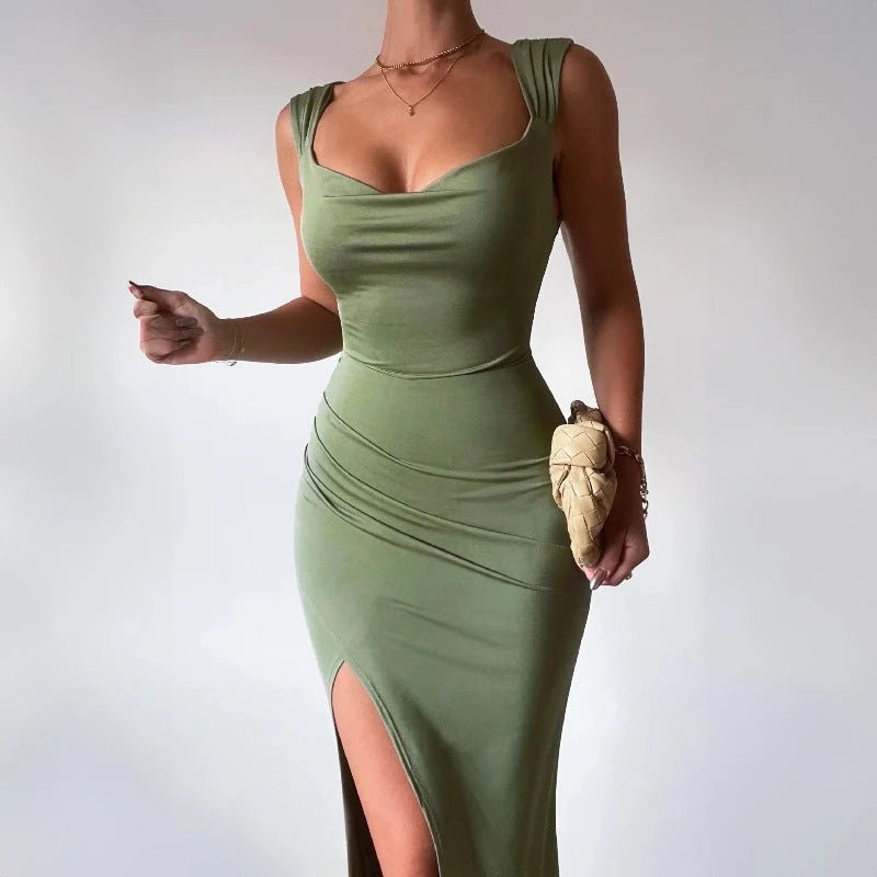 Damen Figurbetontes Maxi-Kleid mit elegantem Schlitz und Raffungen