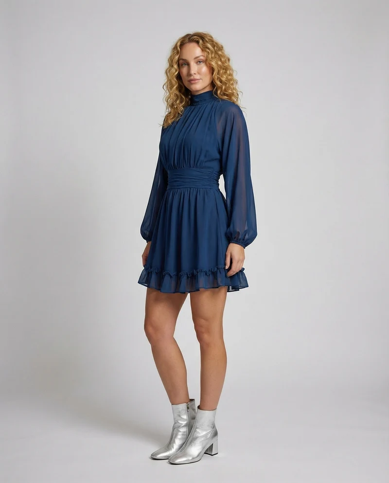 Damen Chiffon-Minikleid Stehkragen Volant-Saum