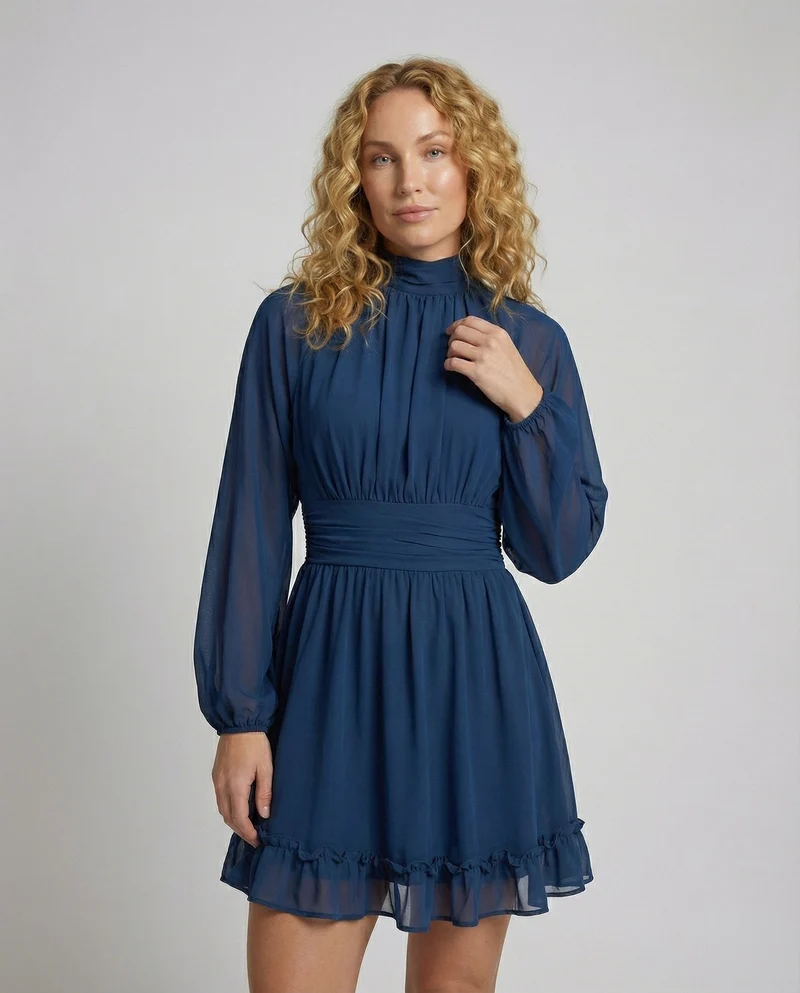 Damen Chiffon-Minikleid Stehkragen Volant-Saum