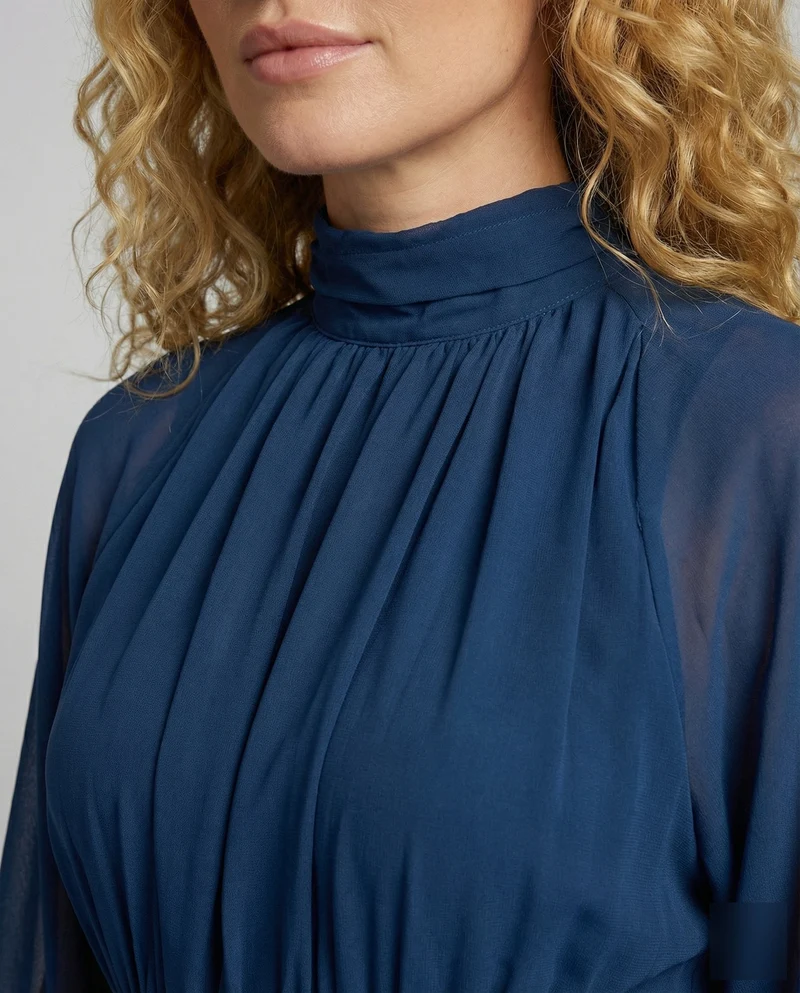 Damen Chiffon-Minikleid Stehkragen Volant-Saum