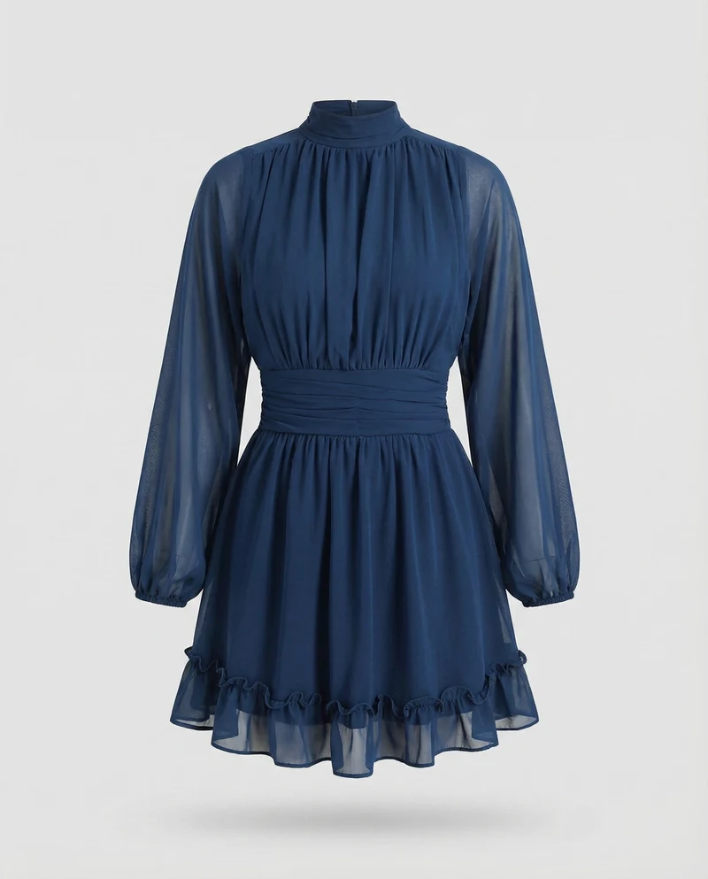 Damen Chiffon-Minikleid Stehkragen Volant-Saum