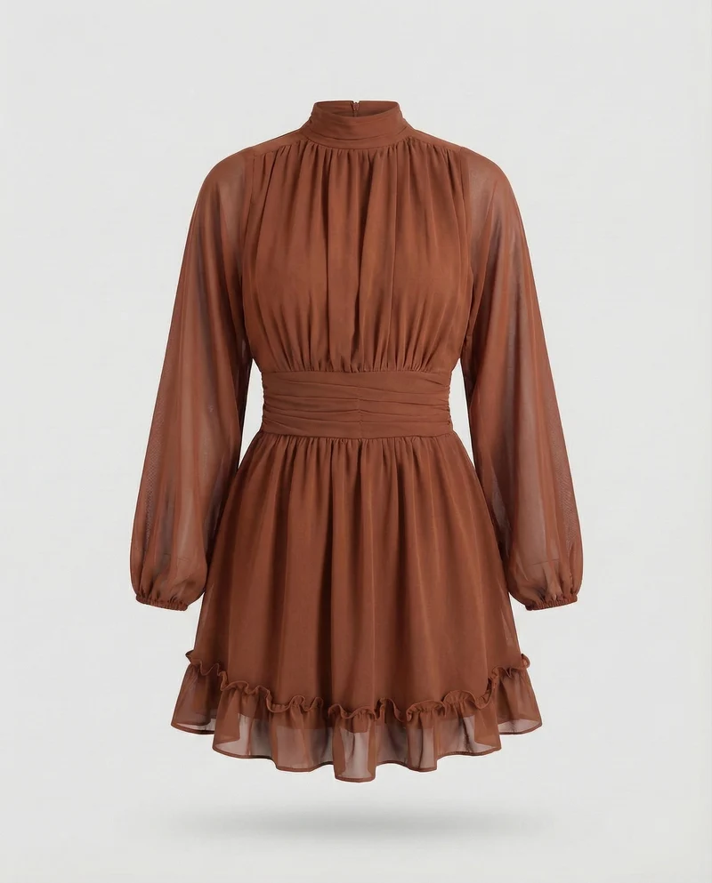 Damen Chiffon-Minikleid Stehkragen Volant-Saum