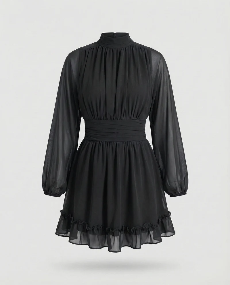 Damen Chiffon-Minikleid Stehkragen Volant-Saum