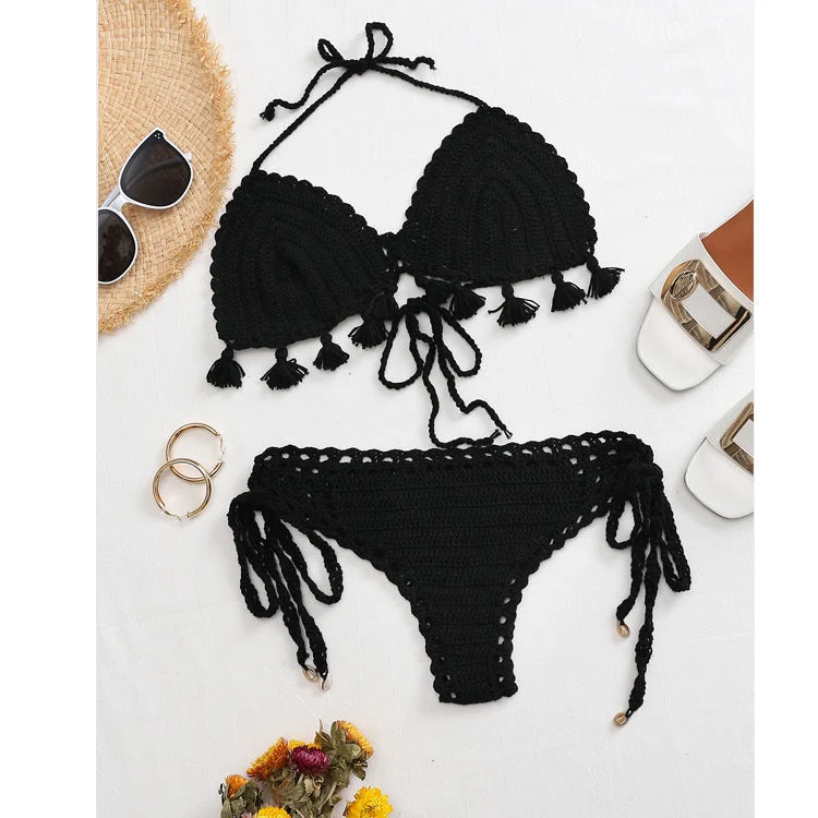 Damen Häkel-Bikini-Set mit fransigen Akzenten und verstellbaren Trägern