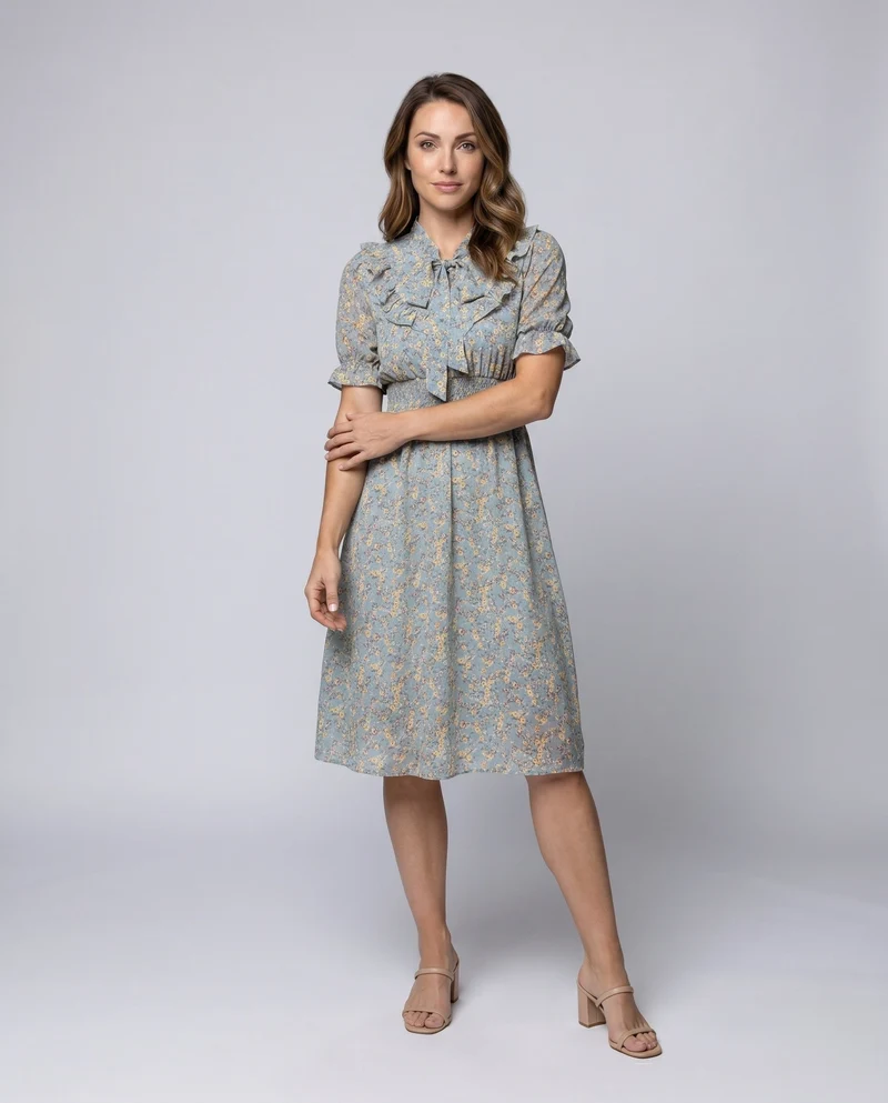 Damen Blumiges Blusenkleid mit Rüschen und eleganter Schleifenbindung