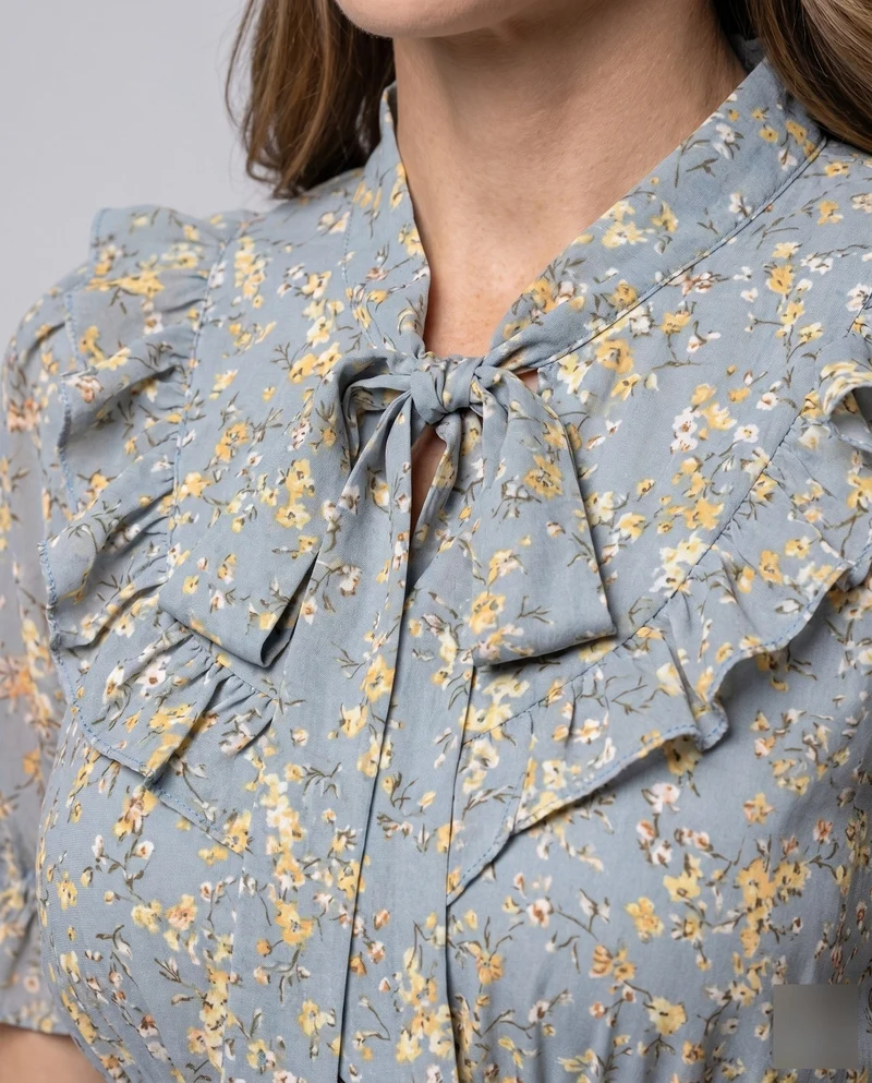 Damen Blumiges Blusenkleid mit Rüschen und eleganter Schleifenbindung