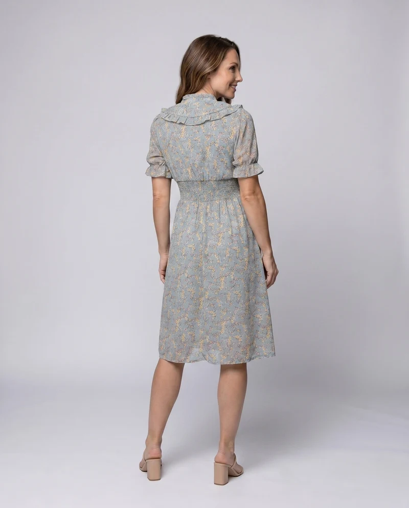 Damen Blumiges Blusenkleid mit Rüschen und eleganter Schleifenbindung