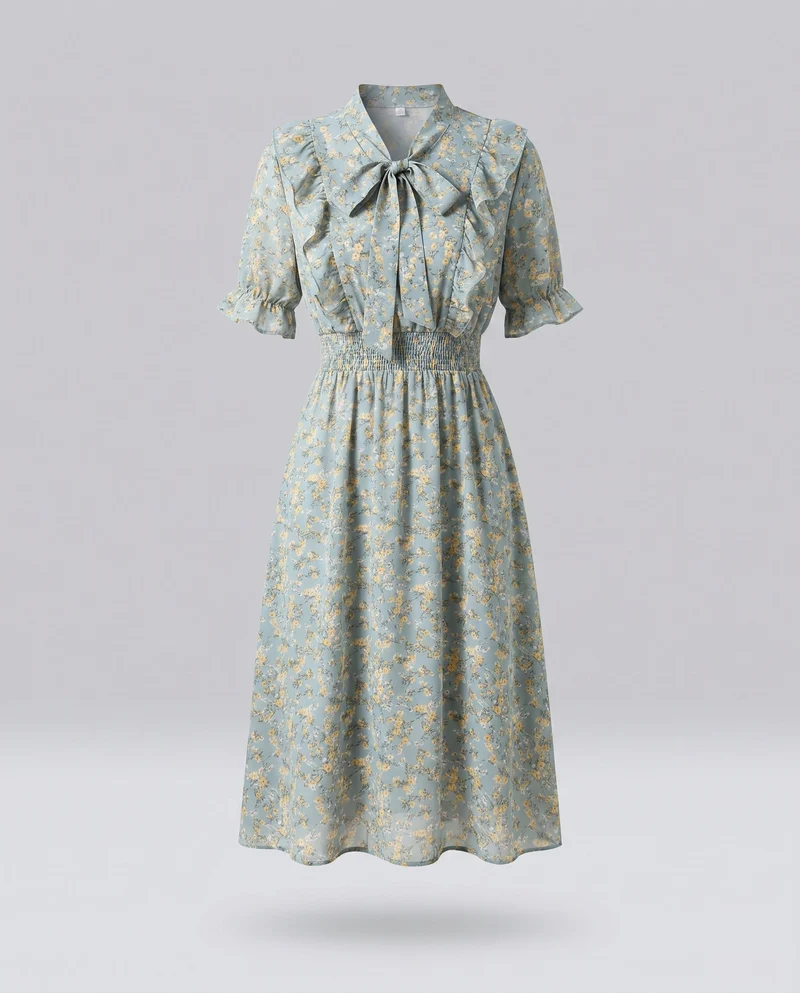Damen Blumiges Blusenkleid mit Rüschen und eleganter Schleifenbindung