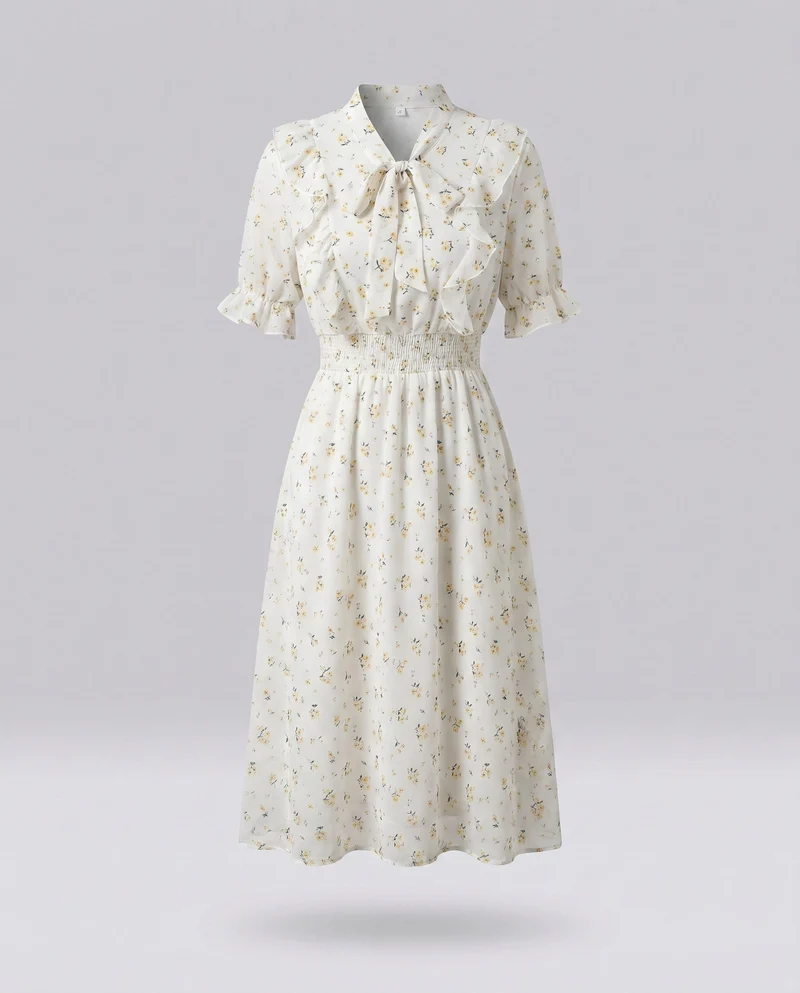 Damen Blumiges Blusenkleid mit Rüschen und eleganter Schleifenbindung