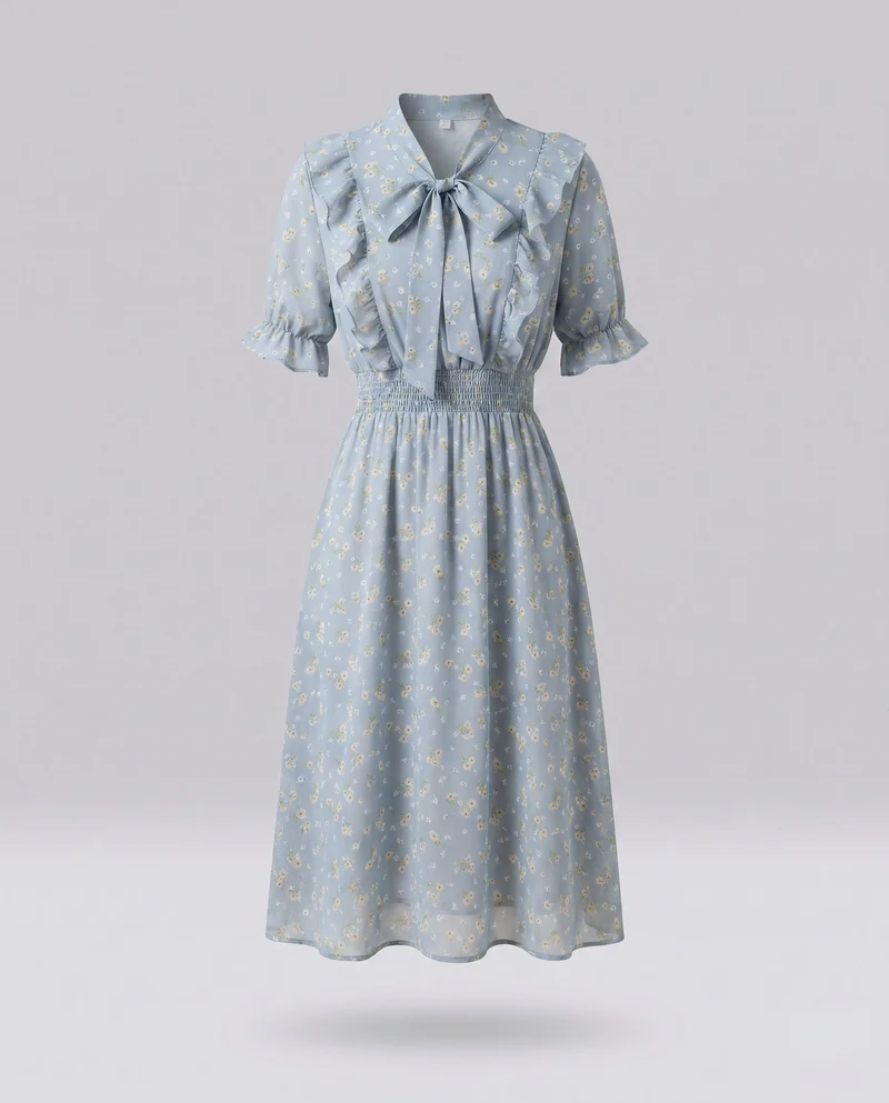 Damen Blumiges Blusenkleid mit Rüschen und eleganter Schleifenbindung