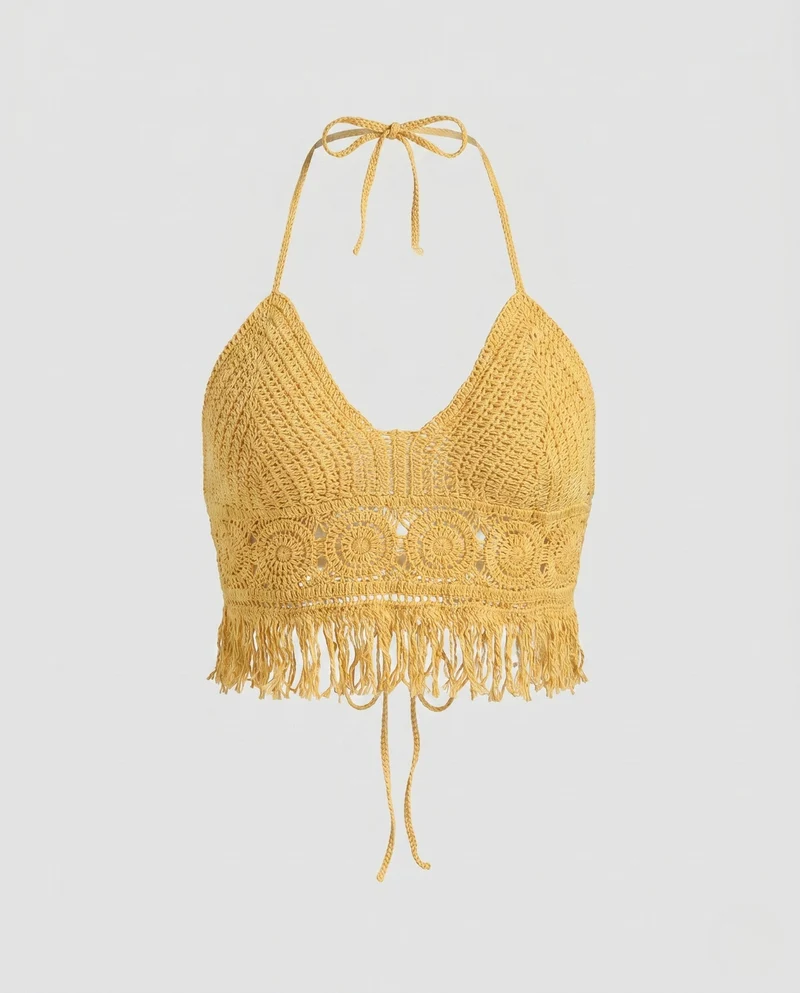 Damen gehäkeltes Bikini-Oberteil mit fransigen Details und verstellbaren Trägern
