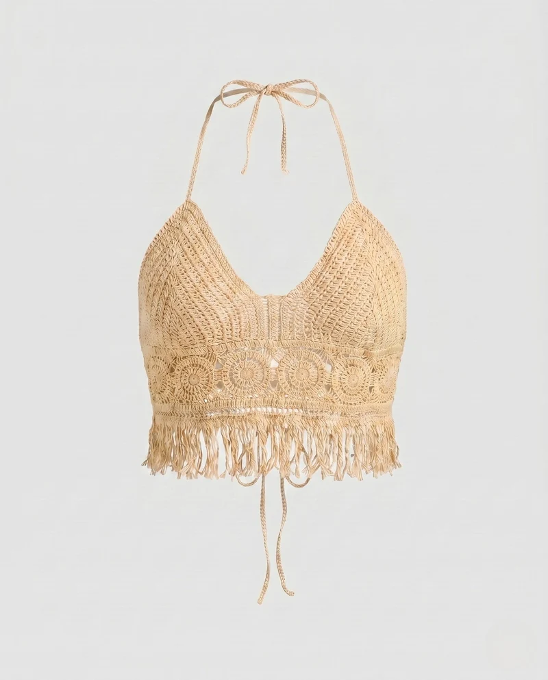 Damen gehäkeltes Bikini-Oberteil mit fransigen Details und verstellbaren Trägern