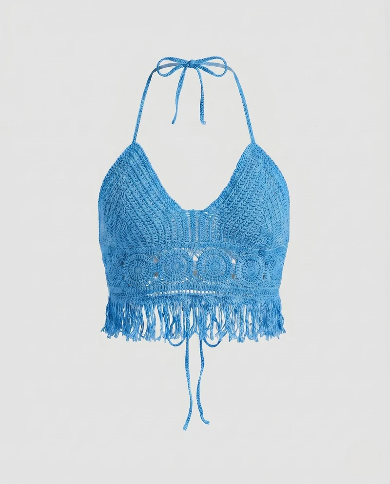 Damen gehäkeltes Bikini-Oberteil mit fransigen Details und verstellbaren Trägern