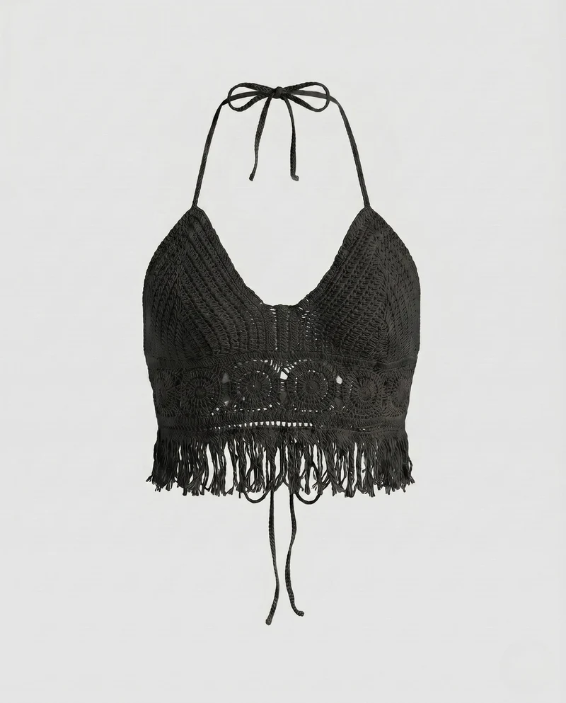 Damen gehäkeltes Bikini-Oberteil mit fransigen Details und verstellbaren Trägern