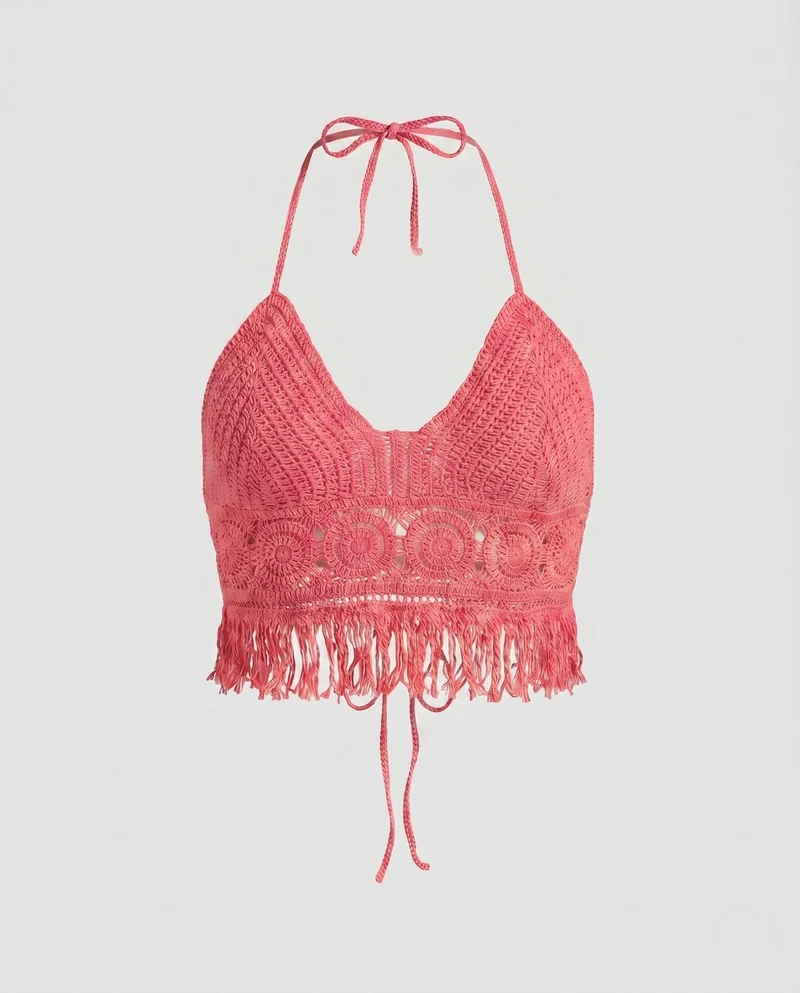 Damen gehäkeltes Bikini-Oberteil mit fransigen Details und verstellbaren Trägern