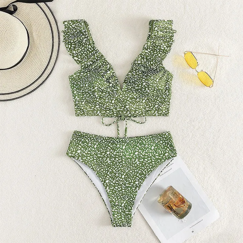 Damen Hoch taillierter Bikini mit voluminösen Rüschen