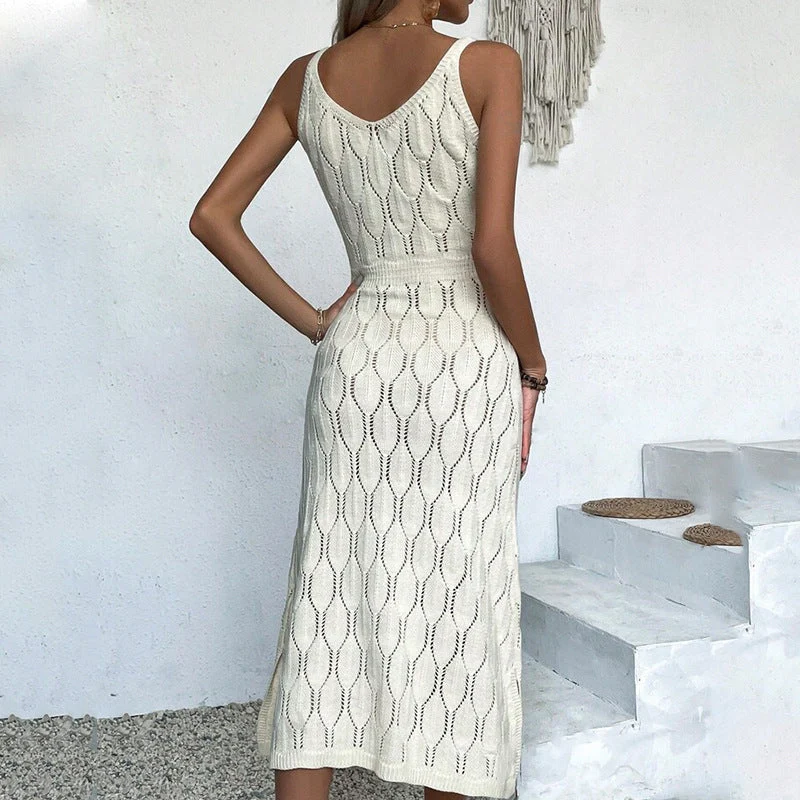 Damen gehäkeltes Midi-Kleid mit raffiniertem Mustermix