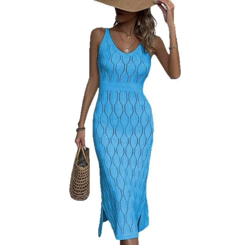 Damen gehäkeltes Midi-Kleid mit raffiniertem Mustermix