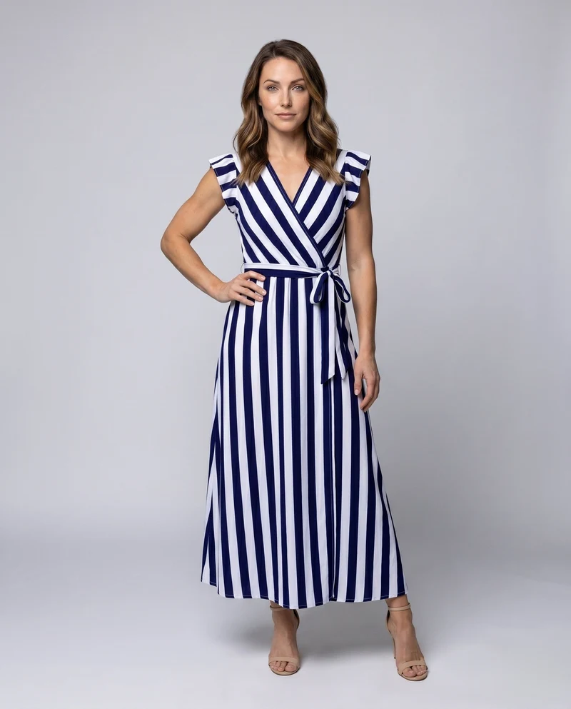 Damen Maxikleid mit Wickeloptik und Rüschenärmeln Nord Taschen