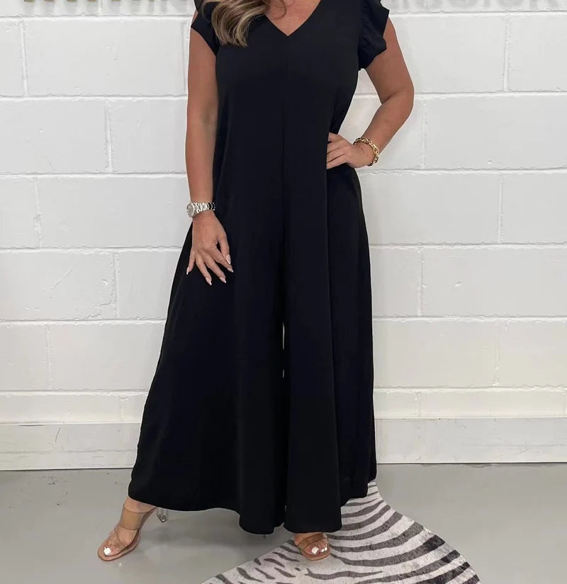 Damen luftiger Jumpsuit mit weit geschnittenem Bein und V-Ausschnitt