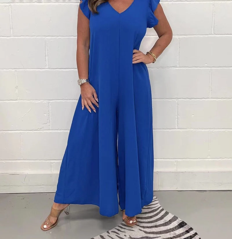 Damen luftiger Jumpsuit mit weit geschnittenem Bein und V-Ausschnitt