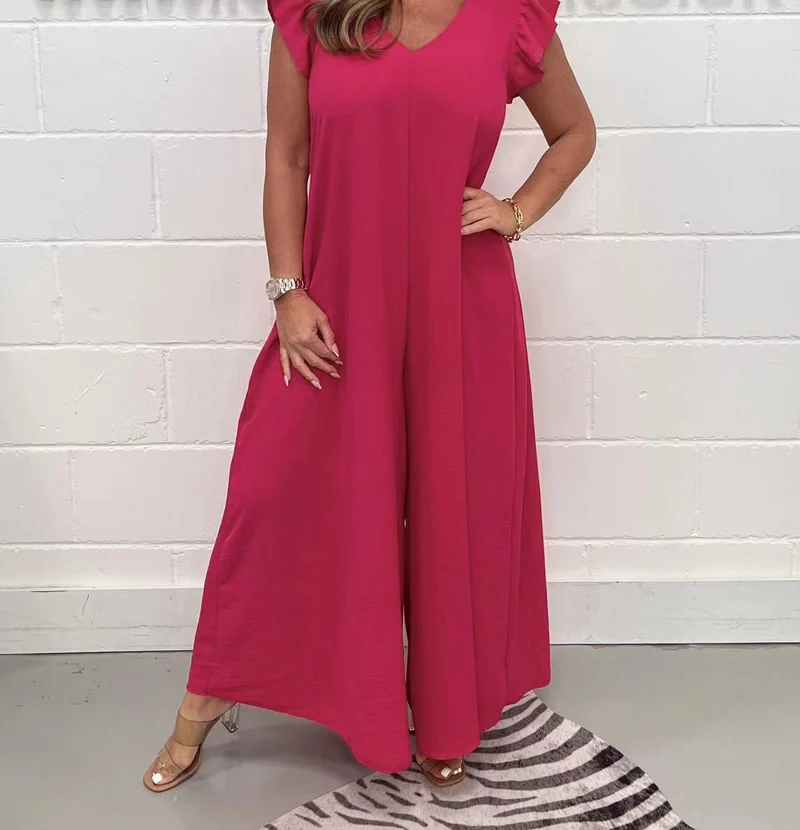 Damen luftiger Jumpsuit mit weit geschnittenem Bein und V-Ausschnitt